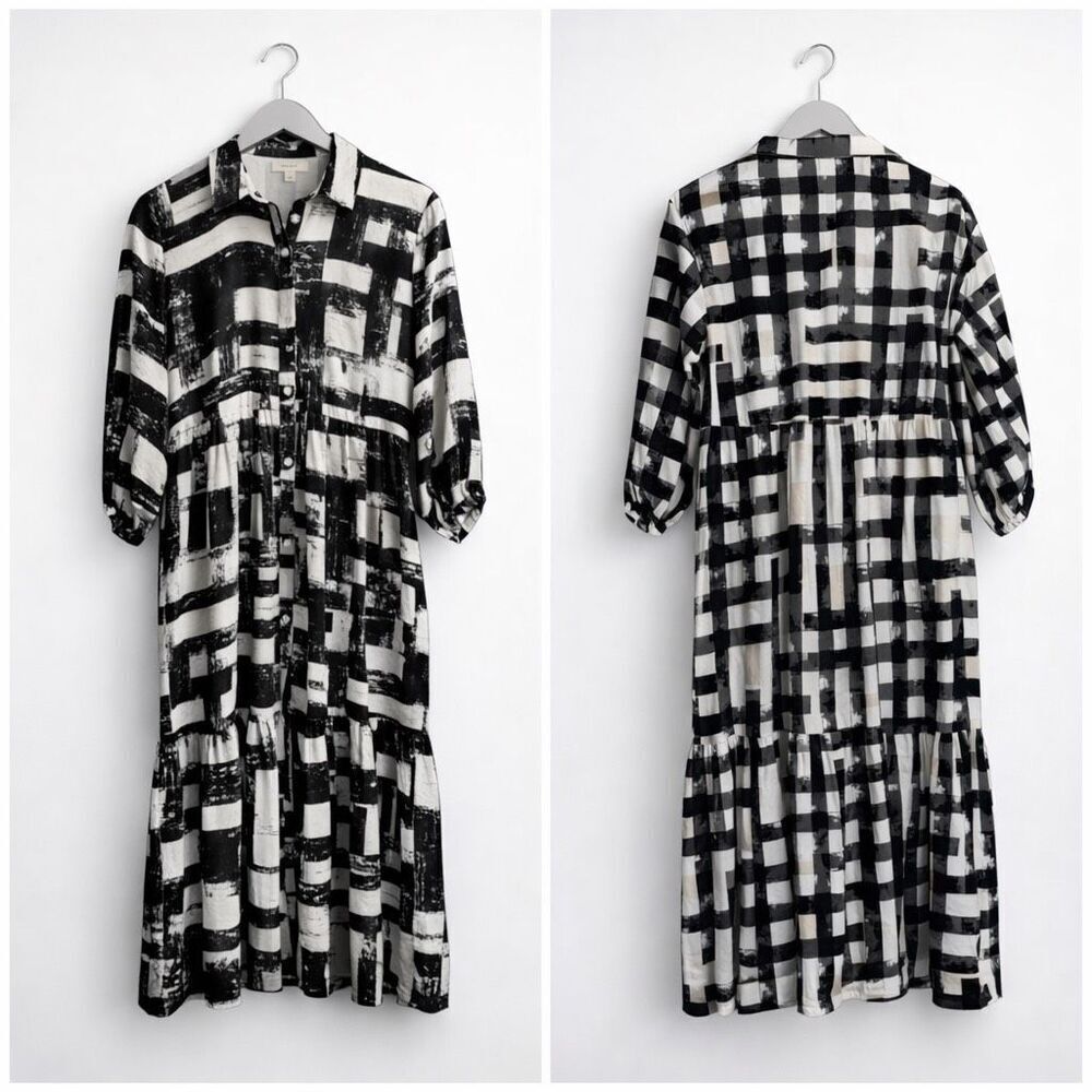 Anthro Maeve BettinaโTiered Shirt Dress Black White Cotton Midi Puff Sleeve